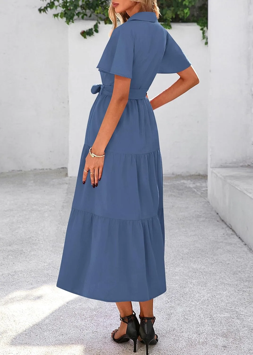 KIRUNDO Summer Button Down Wedding Guest Shirt Dresses for Women Maxi Flutter Short Sleeve Flowy Tiered Beach Sun Dress