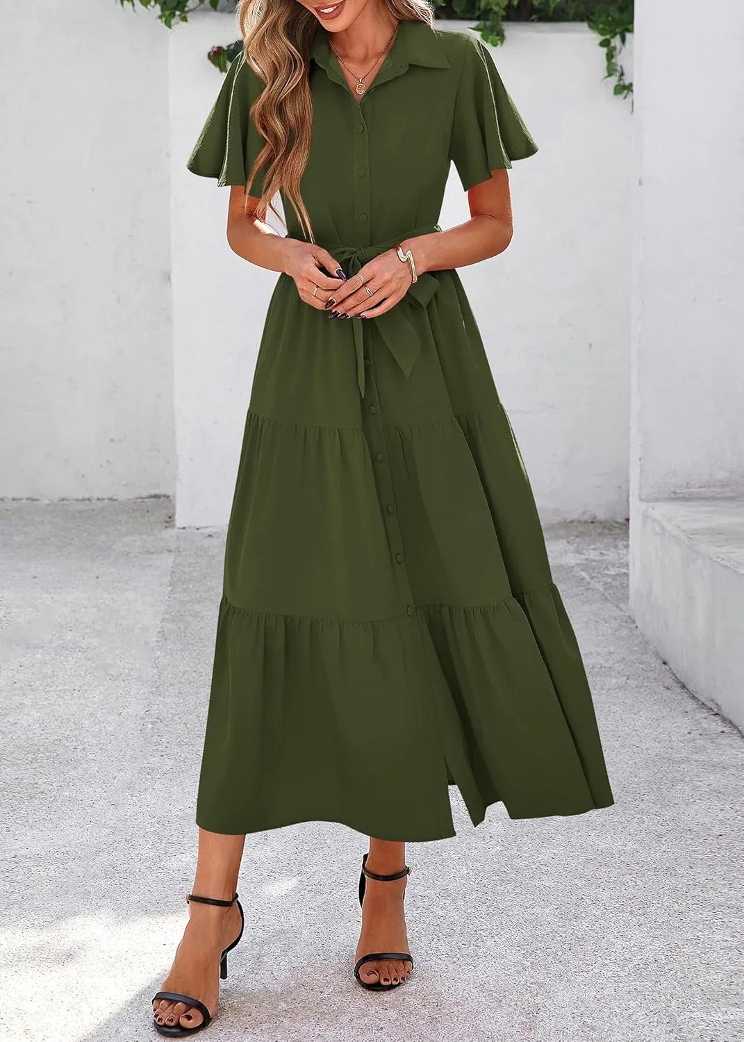 KIRUNDO Summer Button Down Wedding Guest Shirt Dresses for Women Maxi Flutter Short Sleeve Flowy Tiered Beach Sun Dress