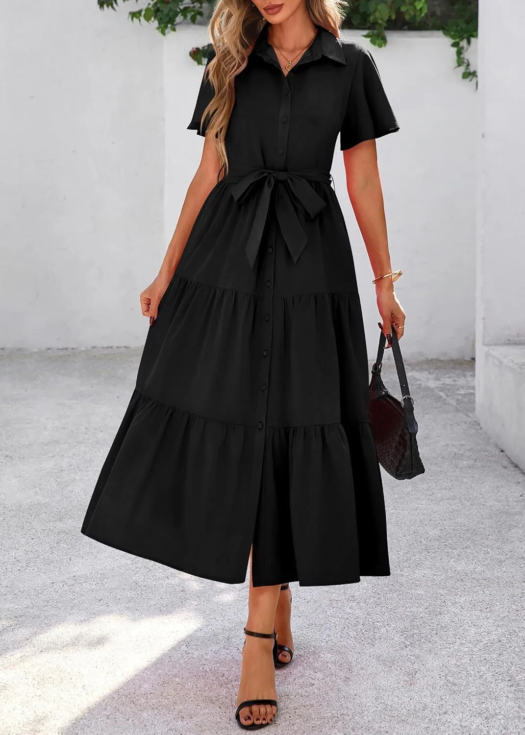 KIRUNDO Summer Button Down Wedding Guest Shirt Dresses for Women Maxi Flutter Short Sleeve Flowy Tiered Beach Sun Dress