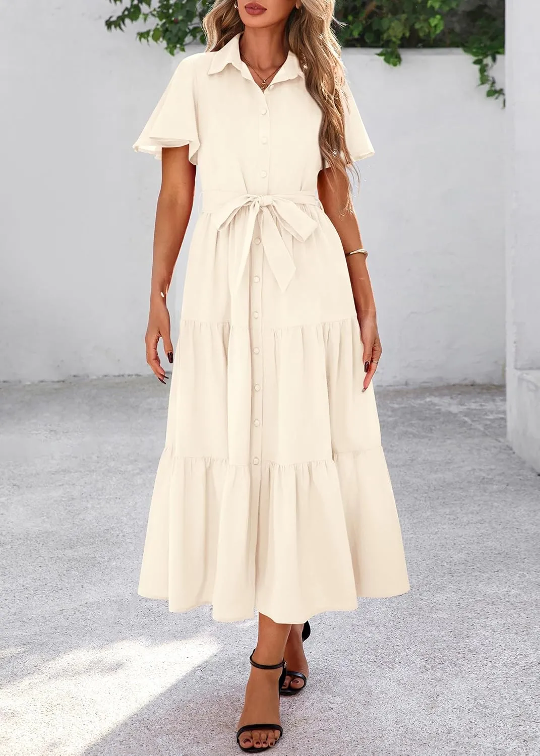 KIRUNDO Summer Button Down Wedding Guest Shirt Dresses for Women Maxi Flutter Short Sleeve Flowy Tiered Beach Sun Dress