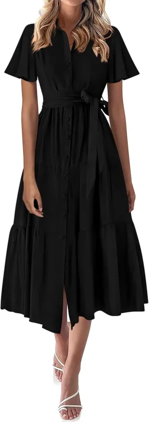KIRUNDO Summer Button Down Wedding Guest Shirt Dresses for Women Maxi Flutter Short Sleeve Flowy Tiered Beach Sun Dress