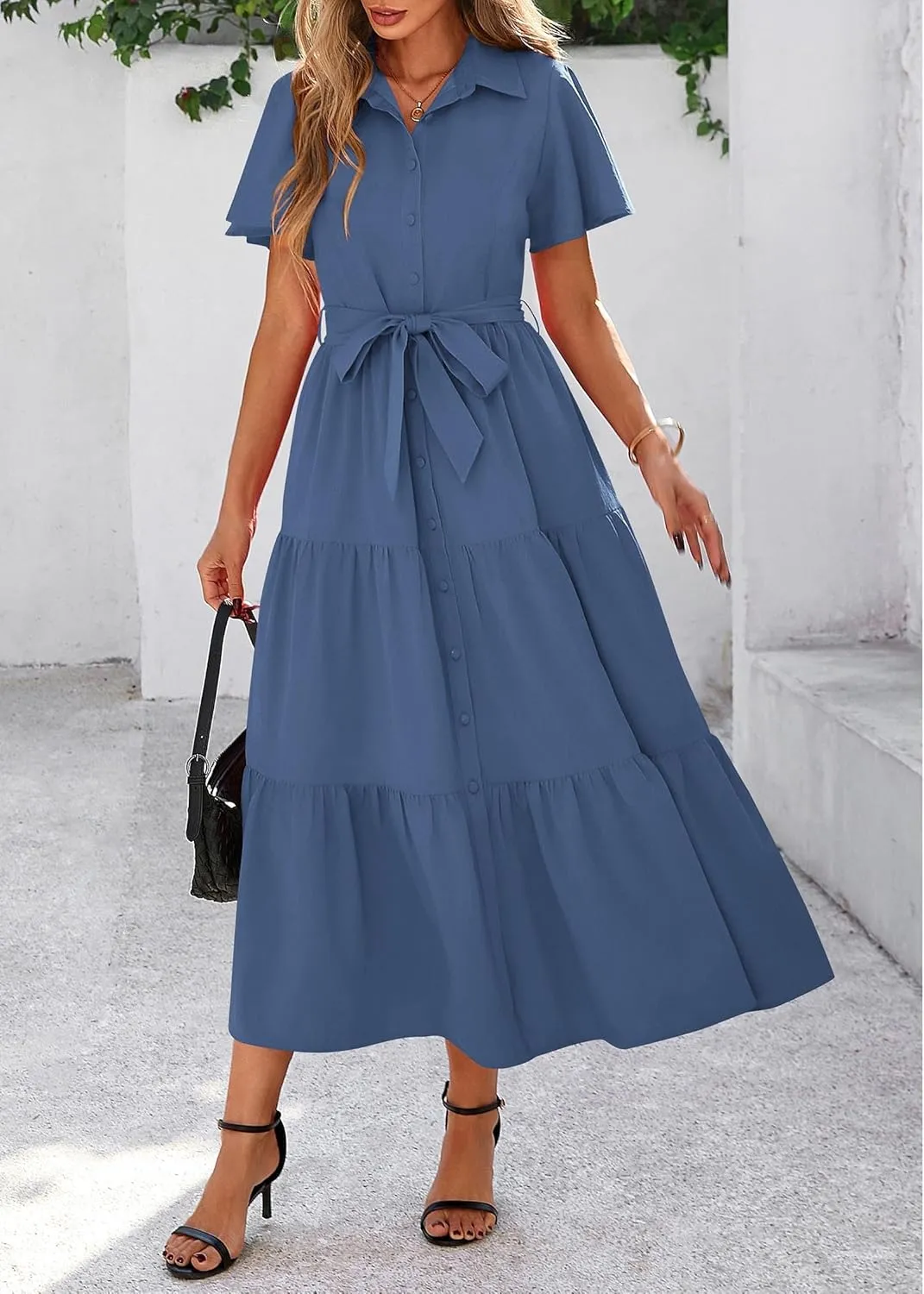 KIRUNDO Summer Button Down Wedding Guest Shirt Dresses for Women Maxi Flutter Short Sleeve Flowy Tiered Beach Sun Dress