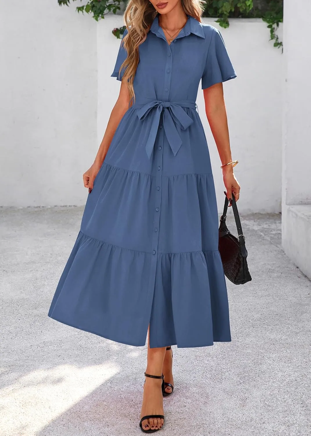 KIRUNDO Summer Button Down Wedding Guest Shirt Dresses for Women Maxi Flutter Short Sleeve Flowy Tiered Beach Sun Dress