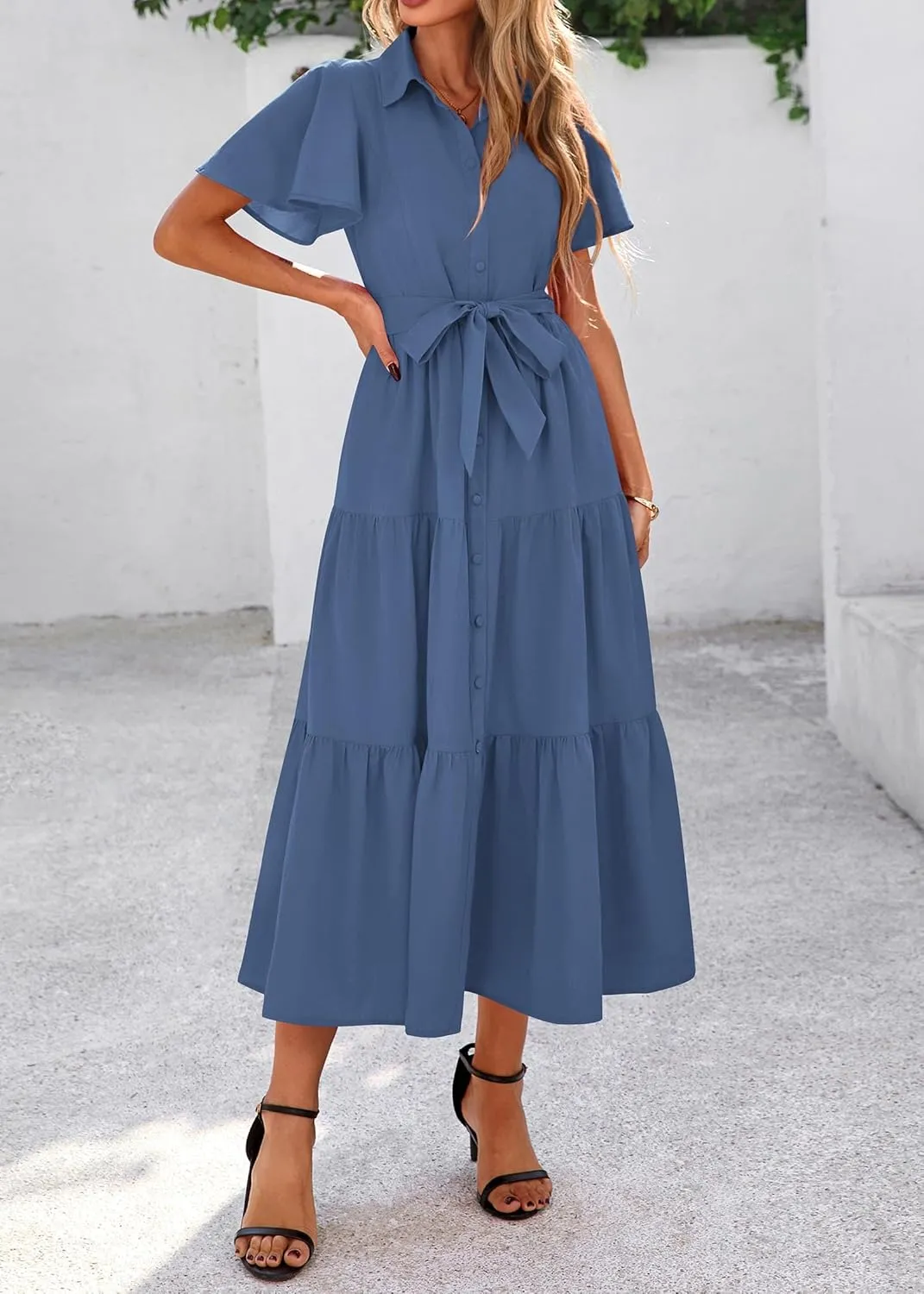 KIRUNDO Summer Button Down Wedding Guest Shirt Dresses for Women Maxi Flutter Short Sleeve Flowy Tiered Beach Sun Dress