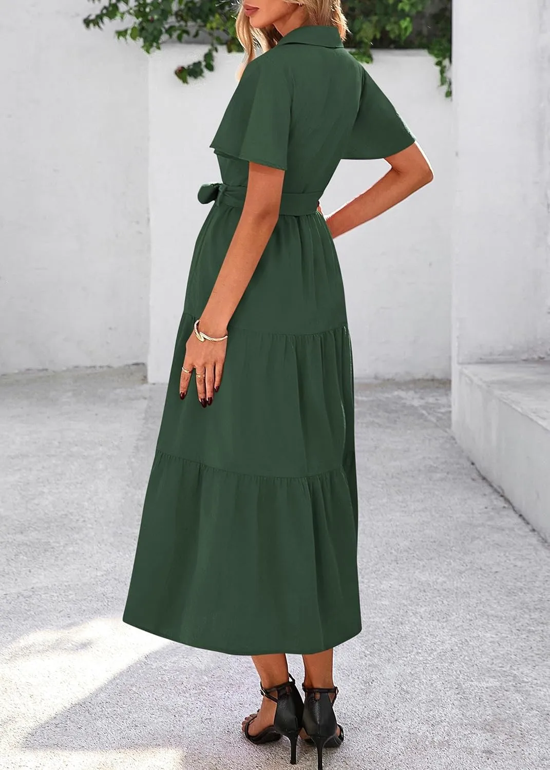 KIRUNDO Summer Button Down Wedding Guest Shirt Dresses for Women Maxi Flutter Short Sleeve Flowy Tiered Beach Sun Dress