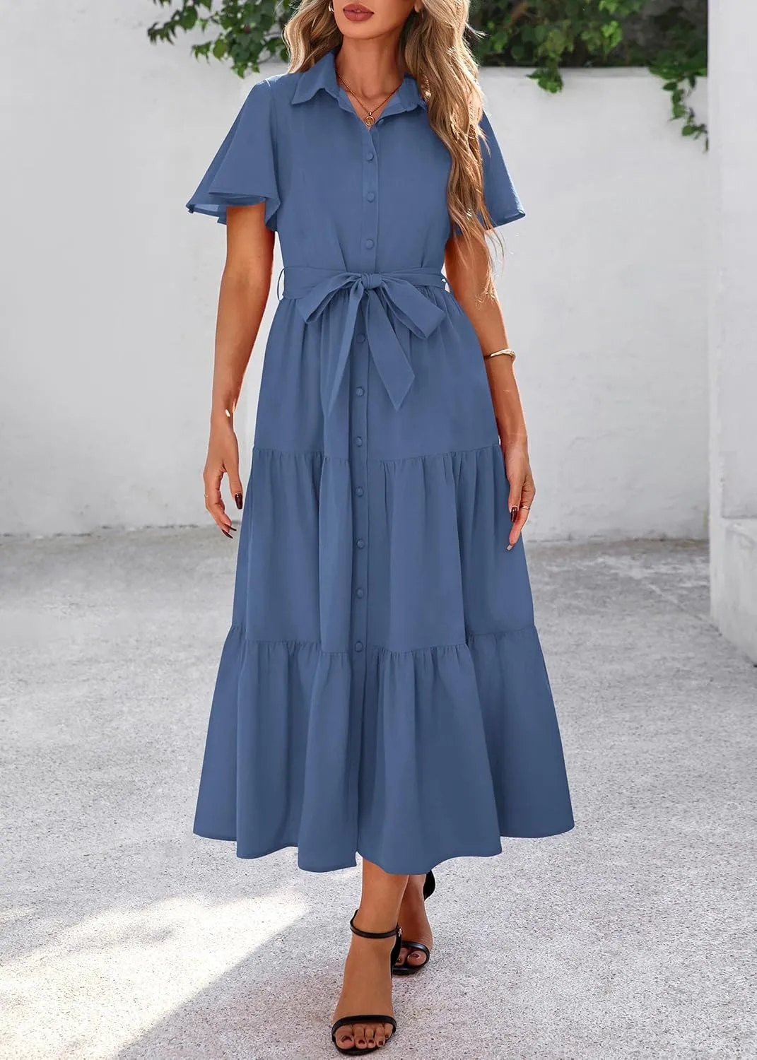 KIRUNDO Summer Button Down Wedding Guest Shirt Dresses for Women Maxi Flutter Short Sleeve Flowy Tiered Beach Sun Dress