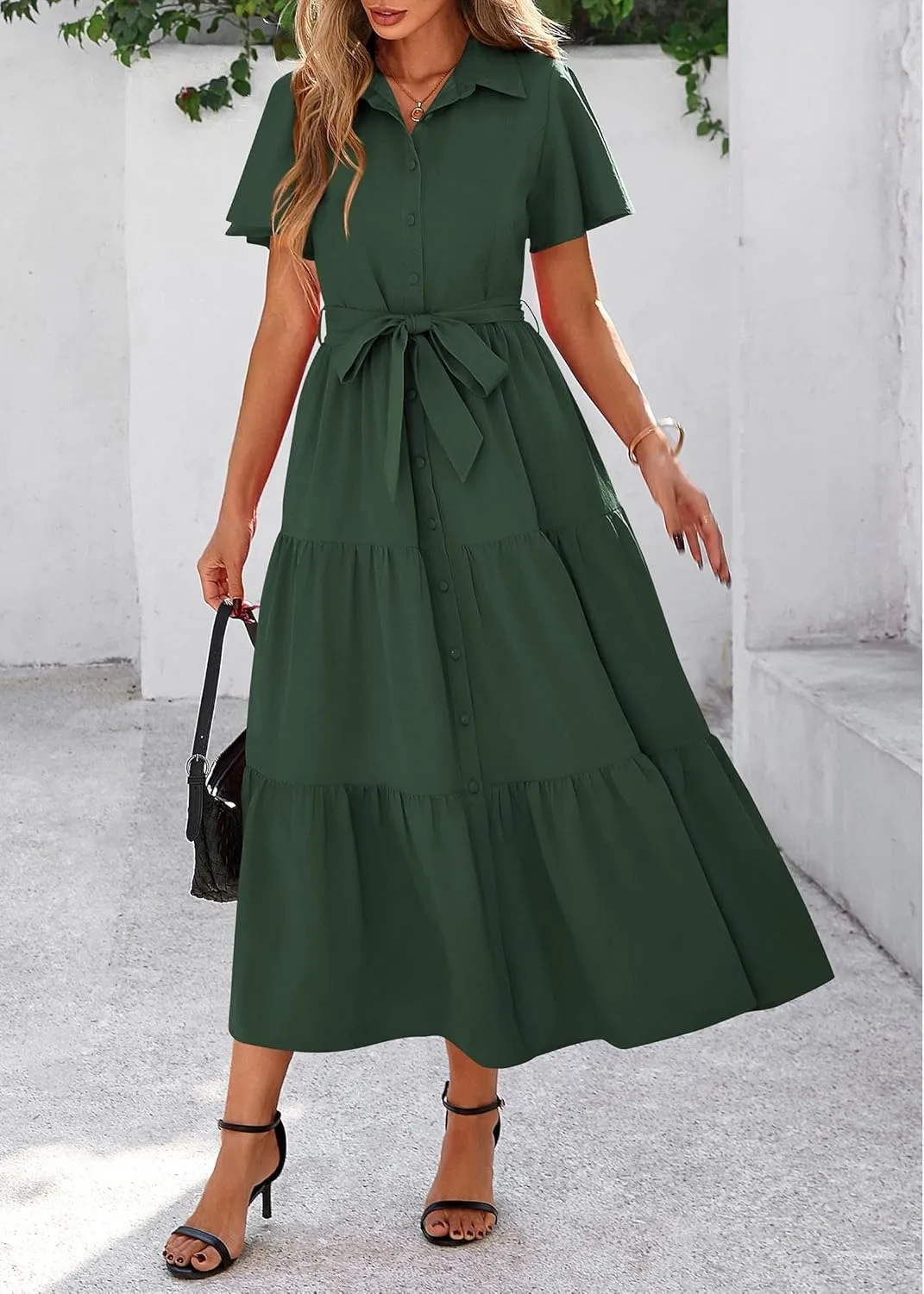 KIRUNDO Summer Button Down Wedding Guest Shirt Dresses for Women Maxi Flutter Short Sleeve Flowy Tiered Beach Sun Dress