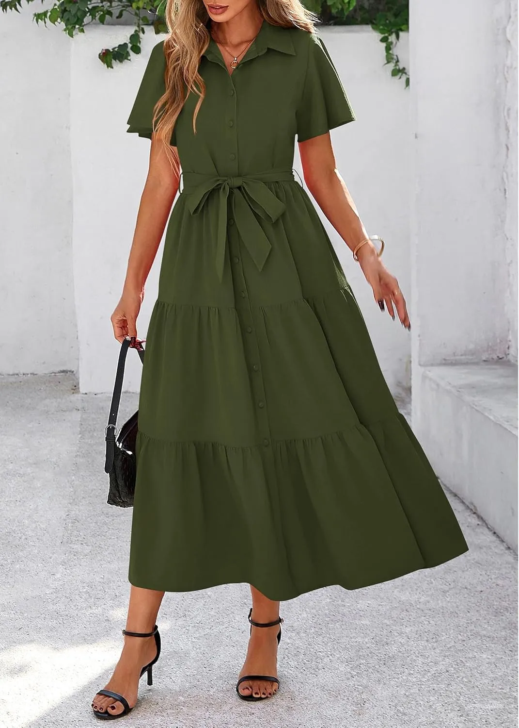 KIRUNDO Summer Button Down Wedding Guest Shirt Dresses for Women Maxi Flutter Short Sleeve Flowy Tiered Beach Sun Dress
