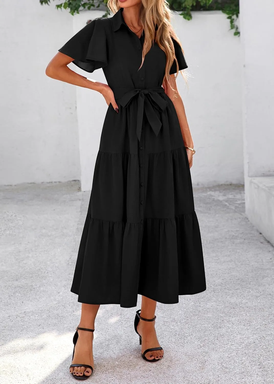 KIRUNDO Summer Button Down Wedding Guest Shirt Dresses for Women Maxi Flutter Short Sleeve Flowy Tiered Beach Sun Dress