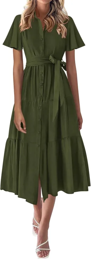 KIRUNDO Summer Button Down Wedding Guest Shirt Dresses for Women Maxi Flutter Short Sleeve Flowy Tiered Beach Sun Dress