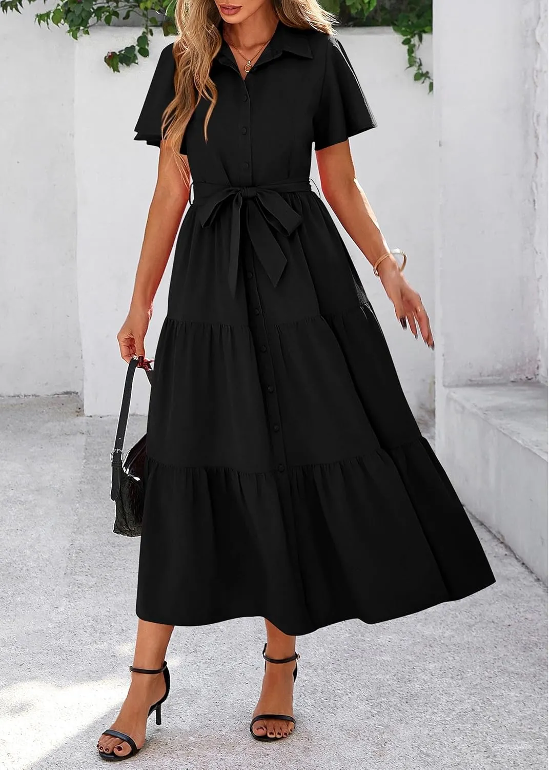 KIRUNDO Summer Button Down Wedding Guest Shirt Dresses for Women Maxi Flutter Short Sleeve Flowy Tiered Beach Sun Dress