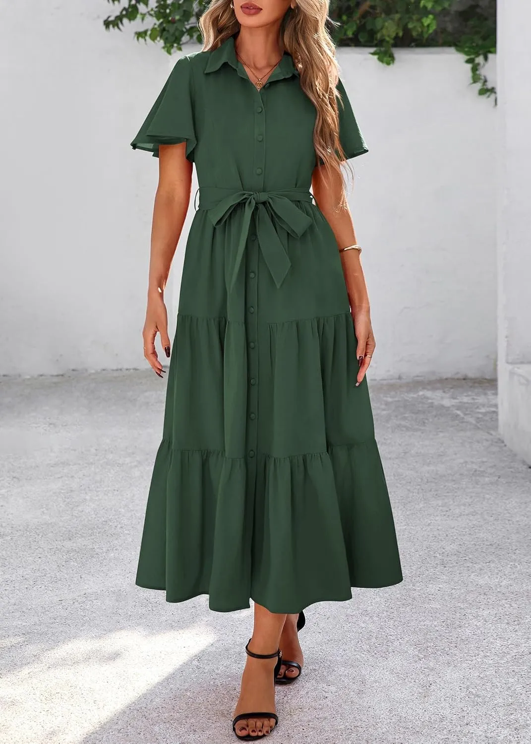 KIRUNDO Summer Button Down Wedding Guest Shirt Dresses for Women Maxi Flutter Short Sleeve Flowy Tiered Beach Sun Dress