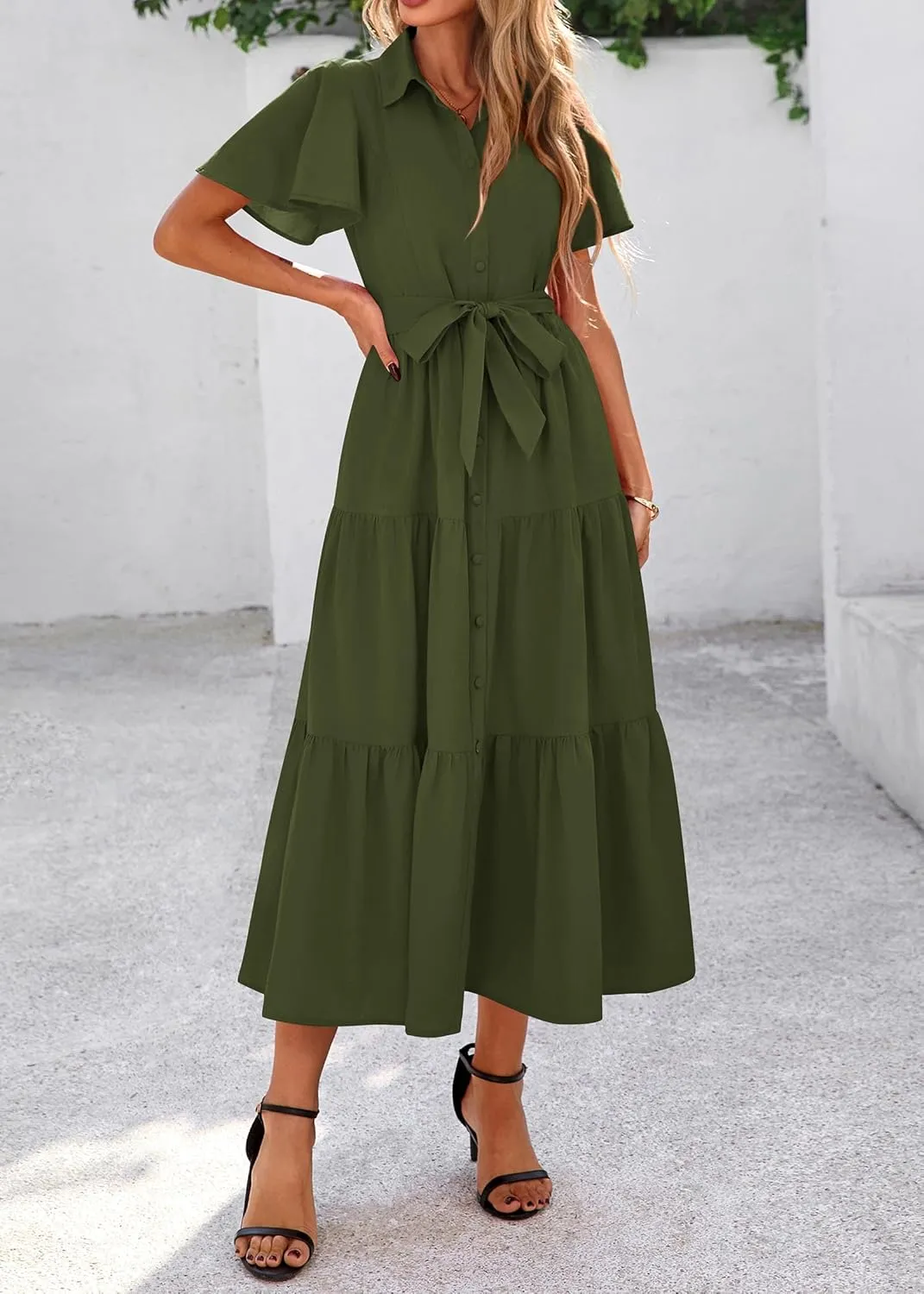 KIRUNDO Summer Button Down Wedding Guest Shirt Dresses for Women Maxi Flutter Short Sleeve Flowy Tiered Beach Sun Dress