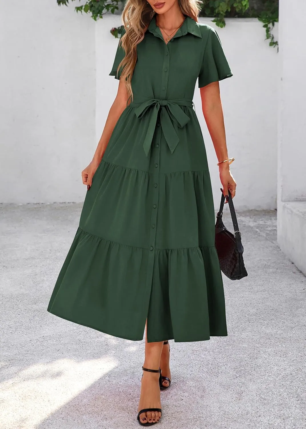 KIRUNDO Summer Button Down Wedding Guest Shirt Dresses for Women Maxi Flutter Short Sleeve Flowy Tiered Beach Sun Dress