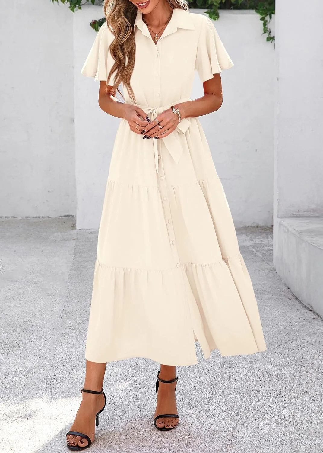 KIRUNDO Summer Button Down Wedding Guest Shirt Dresses for Women Maxi Flutter Short Sleeve Flowy Tiered Beach Sun Dress