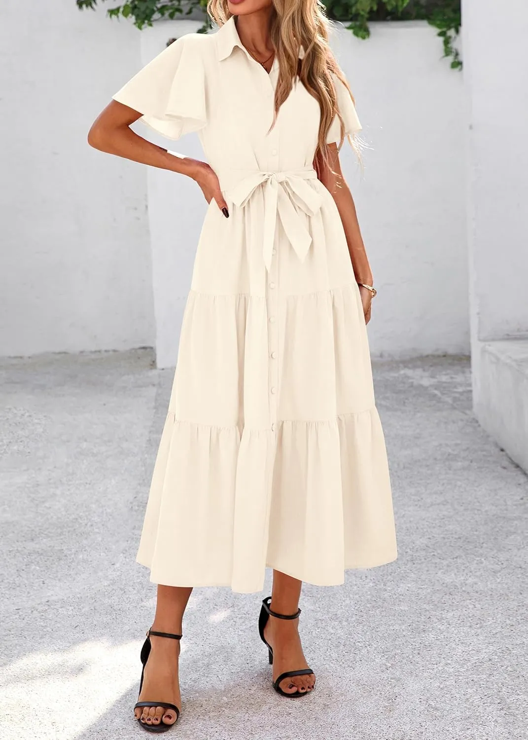 KIRUNDO Summer Button Down Wedding Guest Shirt Dresses for Women Maxi Flutter Short Sleeve Flowy Tiered Beach Sun Dress