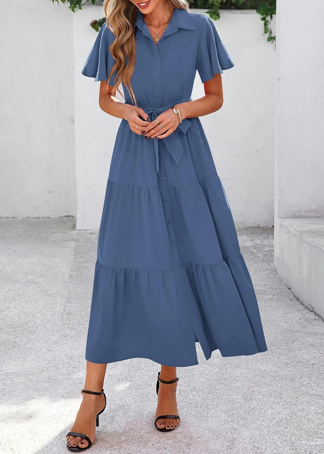 KIRUNDO Summer Button Down Wedding Guest Shirt Dresses for Women Maxi Flutter Short Sleeve Flowy Tiered Beach Sun Dress