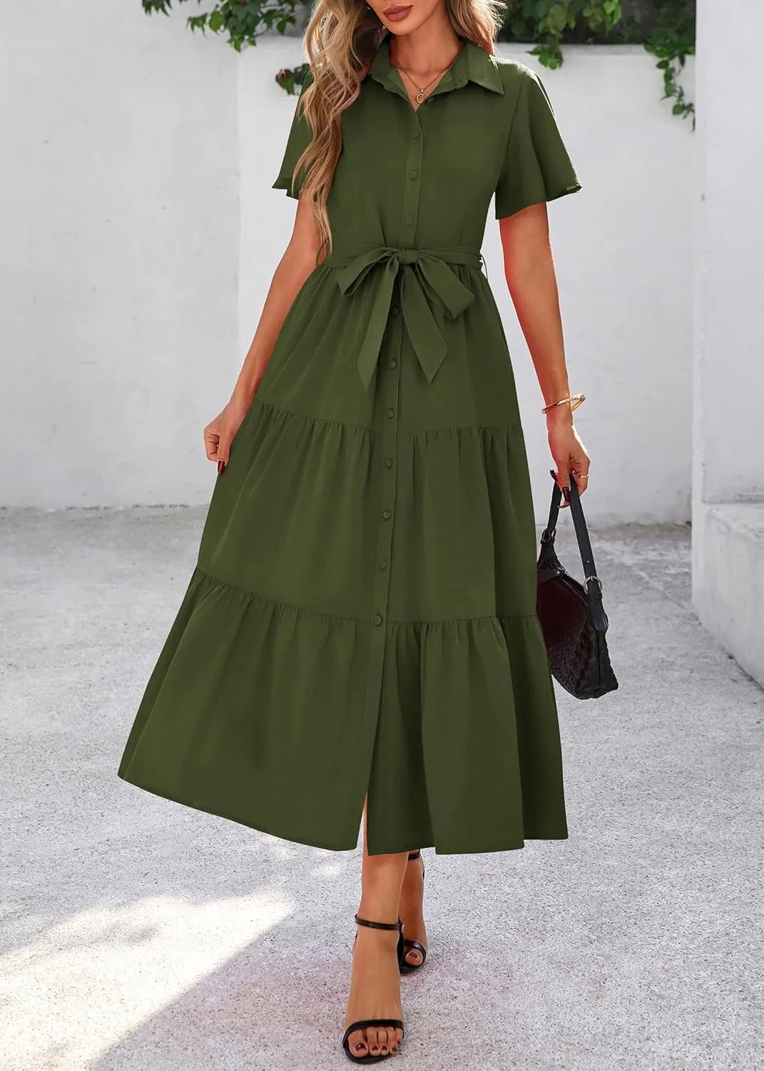 KIRUNDO Summer Button Down Wedding Guest Shirt Dresses for Women Maxi Flutter Short Sleeve Flowy Tiered Beach Sun Dress
