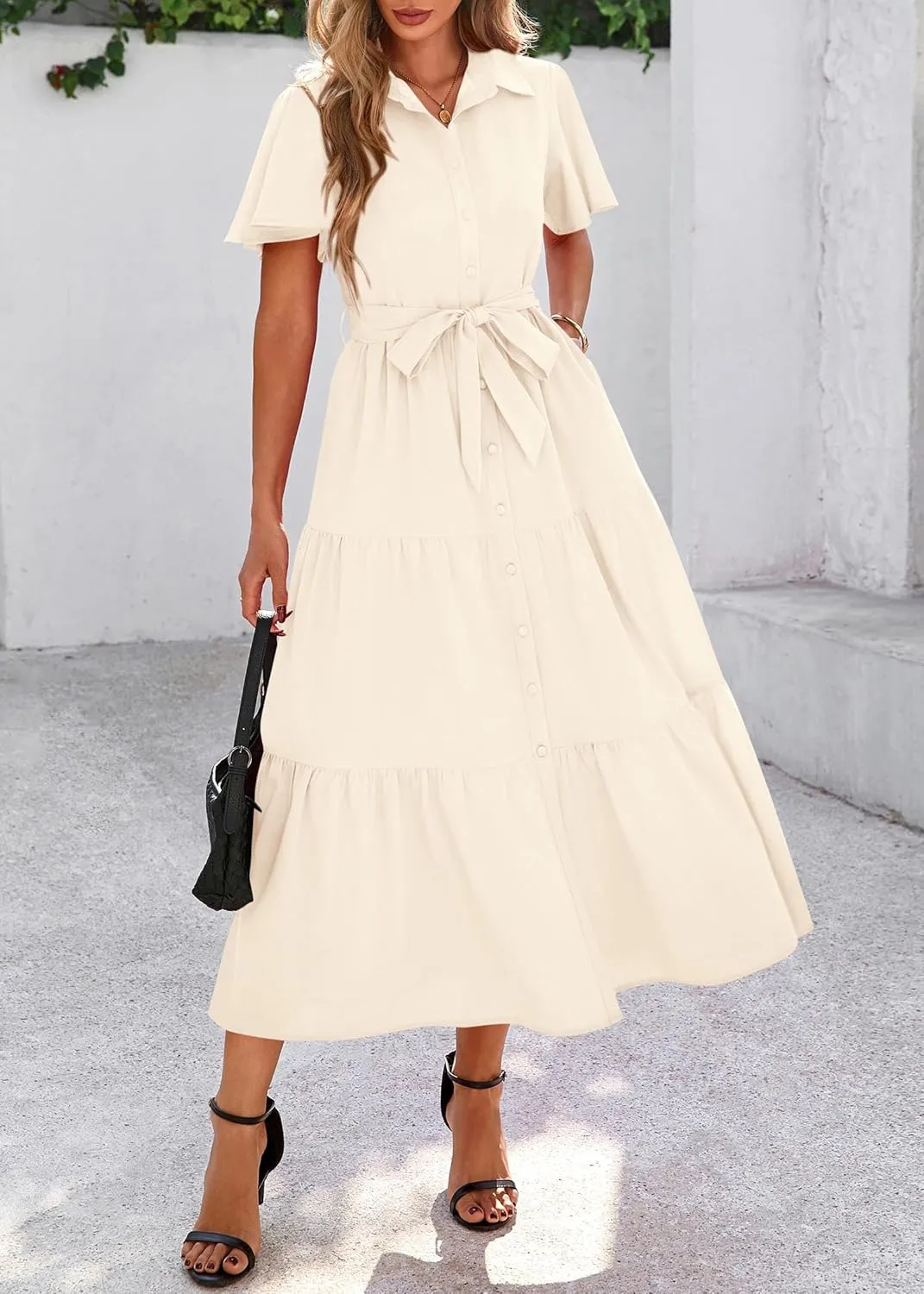 KIRUNDO Summer Button Down Wedding Guest Shirt Dresses for Women Maxi Flutter Short Sleeve Flowy Tiered Beach Sun Dress