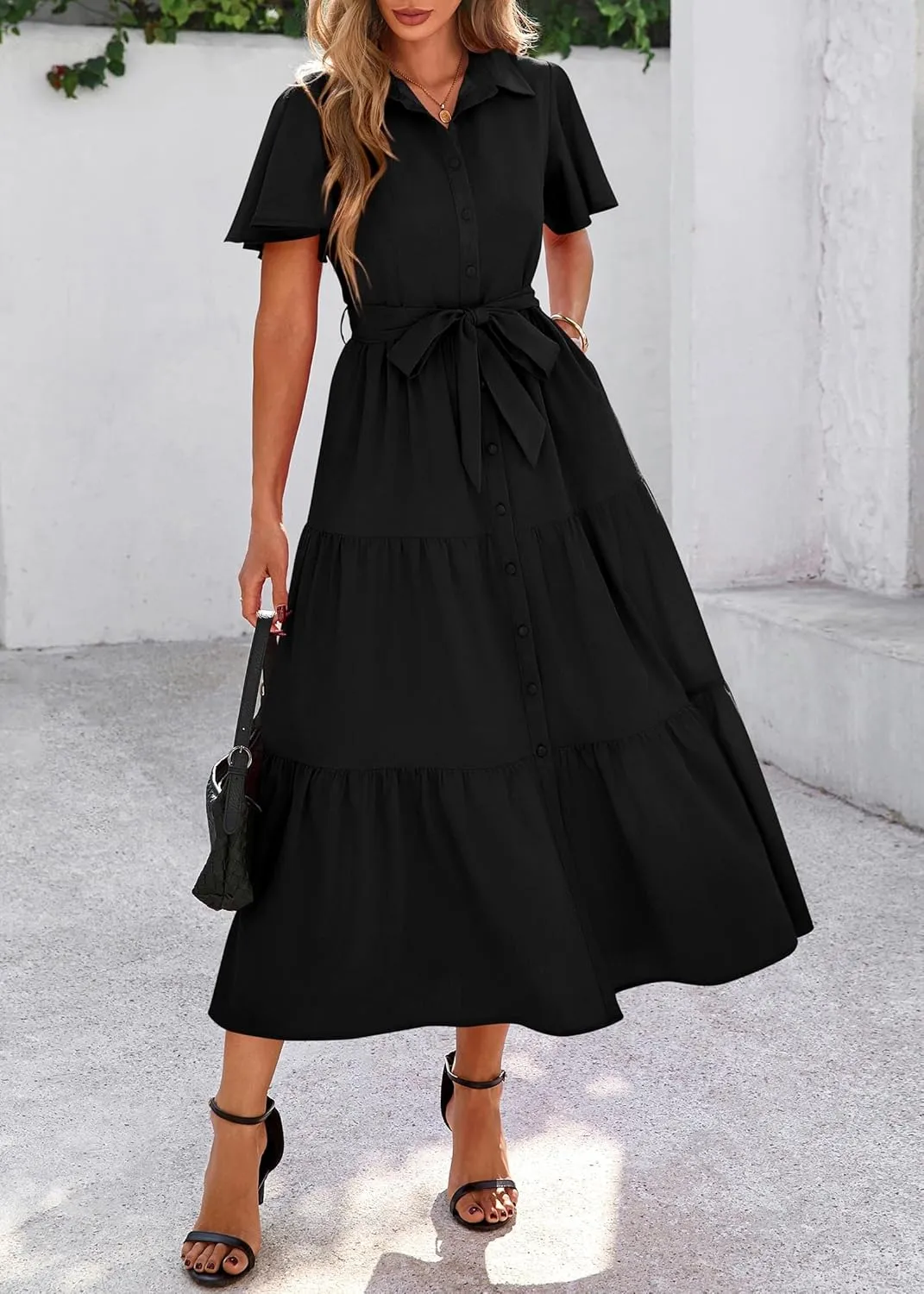 KIRUNDO Summer Button Down Wedding Guest Shirt Dresses for Women Maxi Flutter Short Sleeve Flowy Tiered Beach Sun Dress