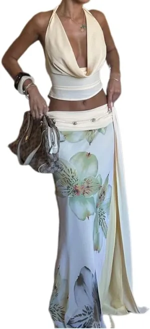 ksotutm Womens Two Piece Sets Sexy Deep V Neck Halter Tops Side Split Maxi Skirt Floral Summer Outfits for Vacation
