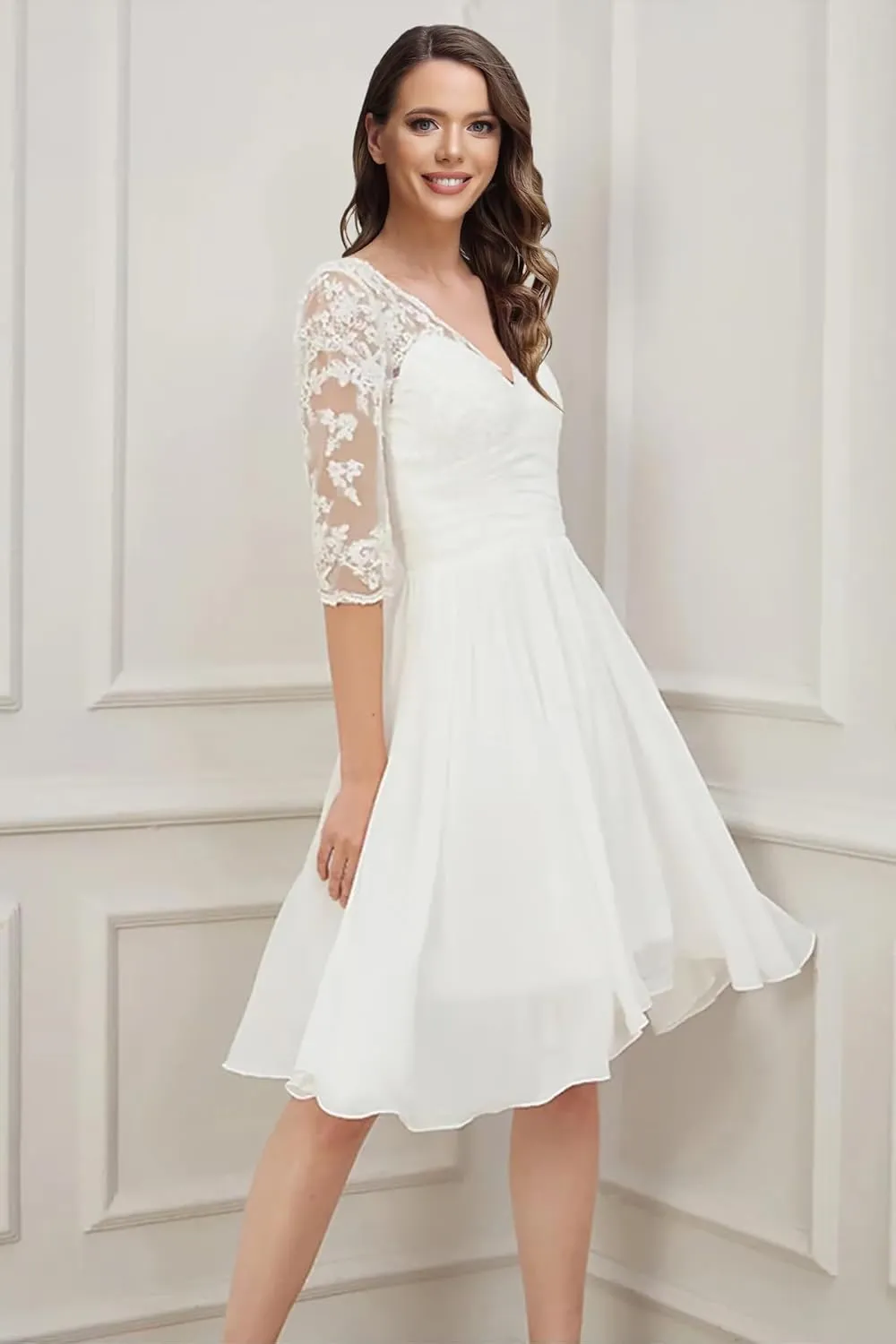 Lace Applique Short Wedding Dresses for Bride Tulle Cap Sleeve Tea Length Bridal Gowns for Women 2025 LOWD002