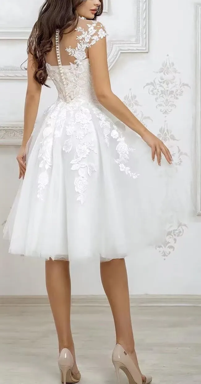 Lace Applique Short Wedding Dresses for Bride Tulle Cap Sleeve Tea Length Bridal Gowns for Women 2025 LOWD002
