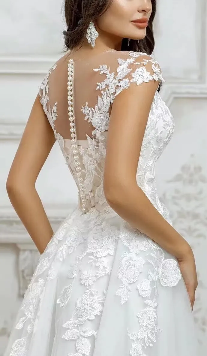 Lace Applique Short Wedding Dresses for Bride Tulle Cap Sleeve Tea Length Bridal Gowns for Women 2025 LOWD002