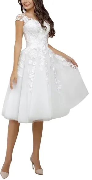 Lace Applique Short Wedding Dresses for Bride Tulle Cap Sleeve Tea Length Bridal Gowns for Women 2025 LOWD002