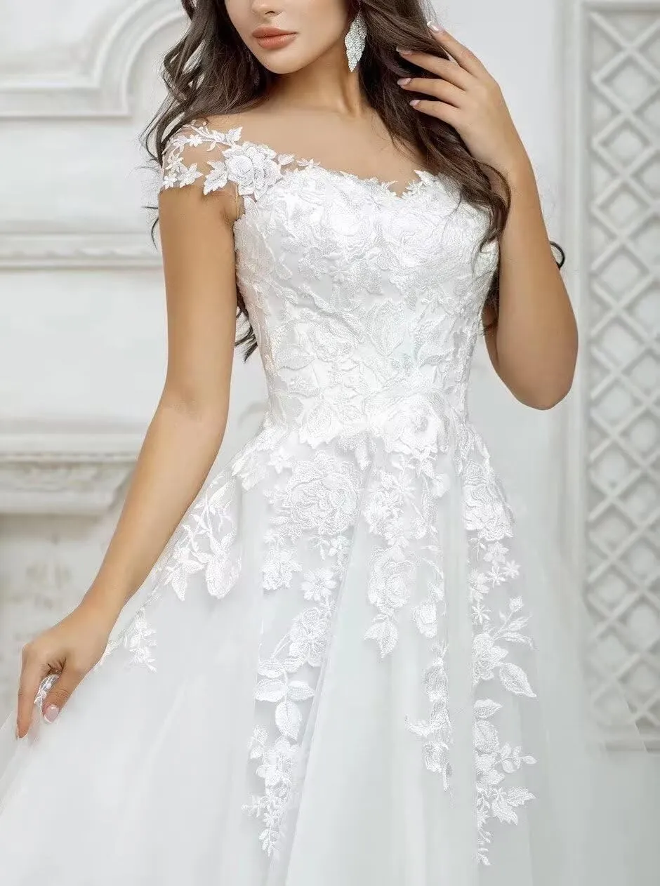 Lace Applique Short Wedding Dresses for Bride Tulle Cap Sleeve Tea Length Bridal Gowns for Women 2025 LOWD002