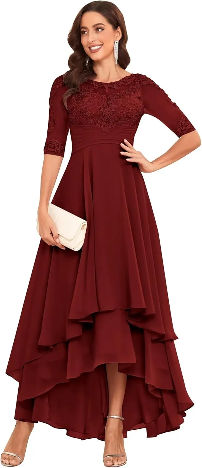 Lace Appliques Mother of The Bride Dresses for Wedding 3/4 Sleeve Ruffles A Line Formal Evening Prom Dress