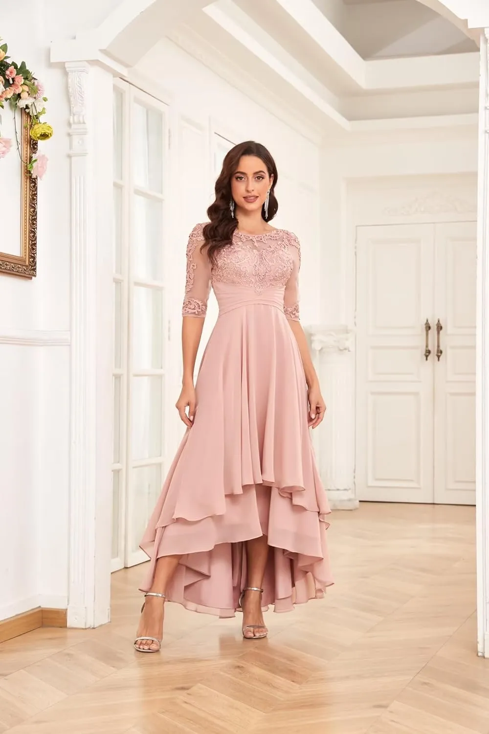 Lace Appliques Mother of The Bride Dresses for Wedding 3/4 Sleeve Ruffles A Line Formal Evening Prom Dress