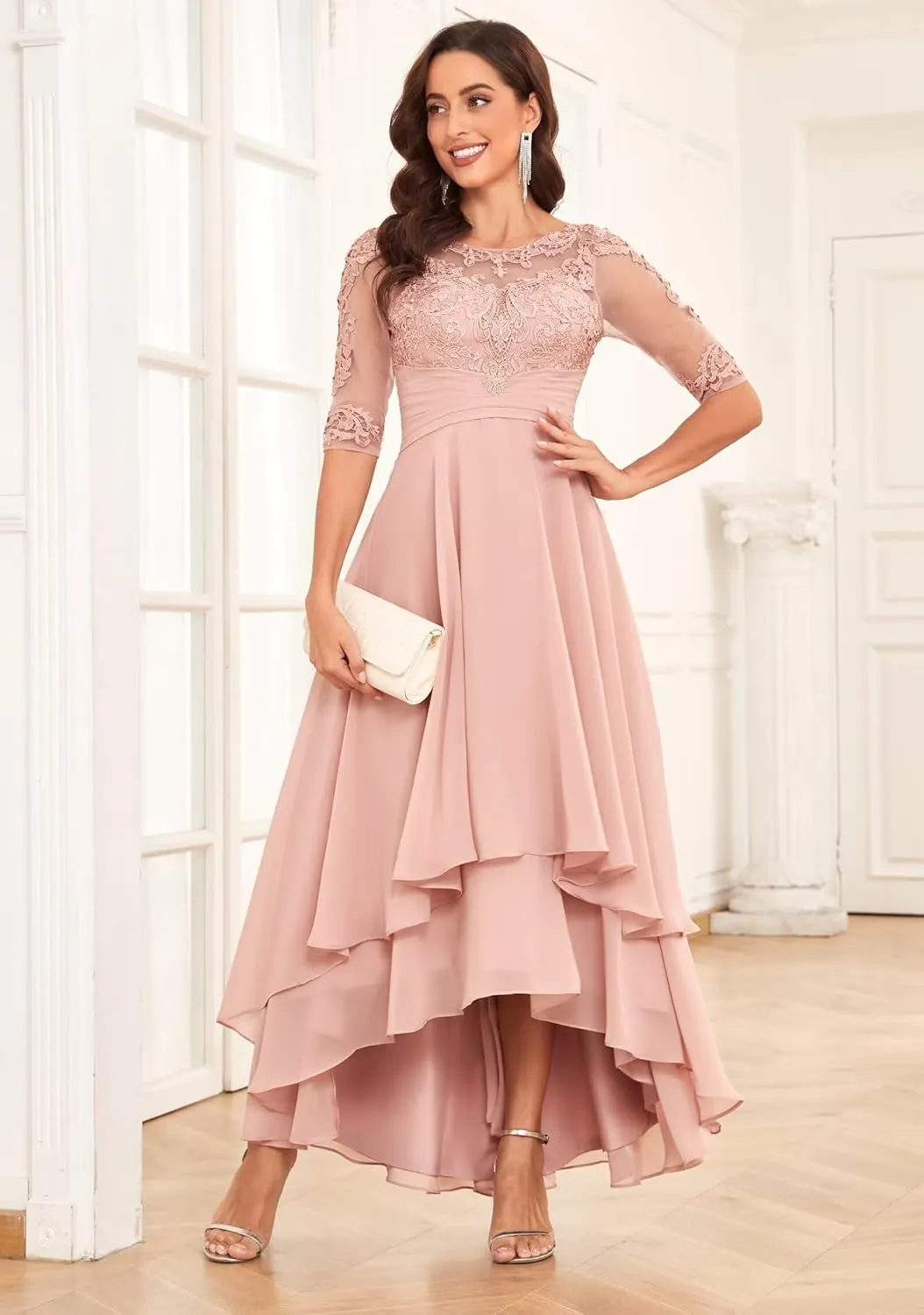 Lace Appliques Mother of The Bride Dresses for Wedding 3/4 Sleeve Ruffles A Line Formal Evening Prom Dress
