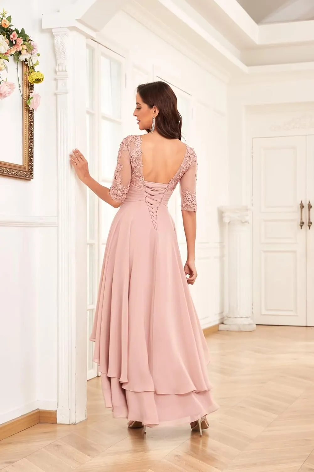 Lace Appliques Mother of The Bride Dresses for Wedding 3/4 Sleeve Ruffles A Line Formal Evening Prom Dress