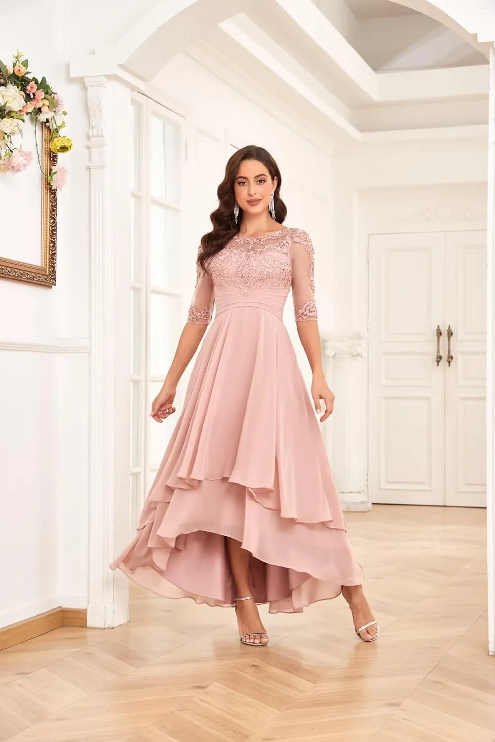 Lace Appliques Mother of The Bride Dresses for Wedding 3/4 Sleeve Ruffles A Line Formal Evening Prom Dress