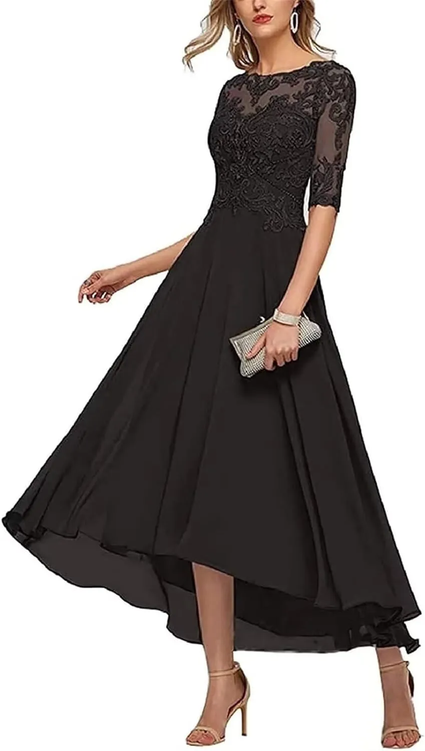 Lace Appliques Mother of The Bride Dresses for Wedding 3/4 Sleeves Tea Length Chiffon Formal Evening Party Gowns