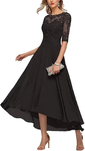 Lace Appliques Mother of The Bride Dresses for Wedding 3/4 Sleeves Tea Length Chiffon Formal Evening Party Gowns