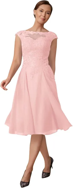 Lace Appliques Mother of The Bride Dresses for Wedding Knee Length Chiffon Formal Evening Gown