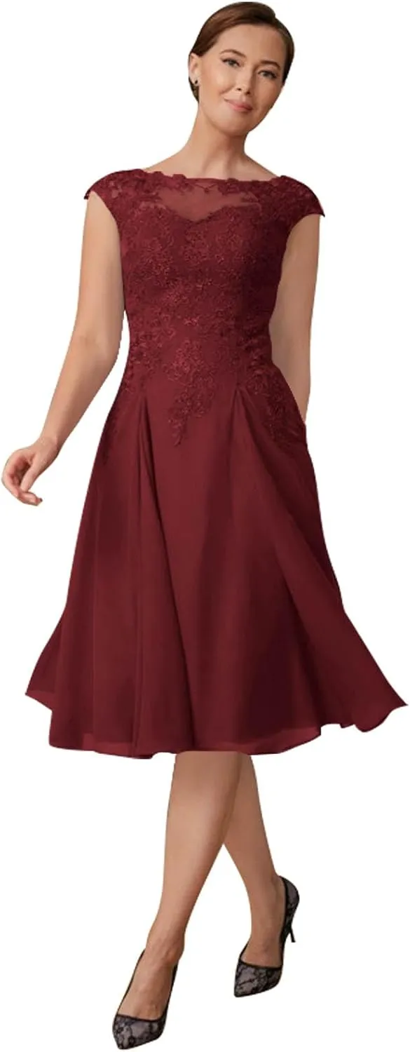 Lace Appliques Mother of The Bride Dresses for Wedding Knee Length Chiffon Formal Evening Gown