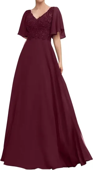 Lace Appliques Mother of The Bride Dresses Ruffle Sleeves Prom Dress Long Chiffon Evening Gown for Wedding