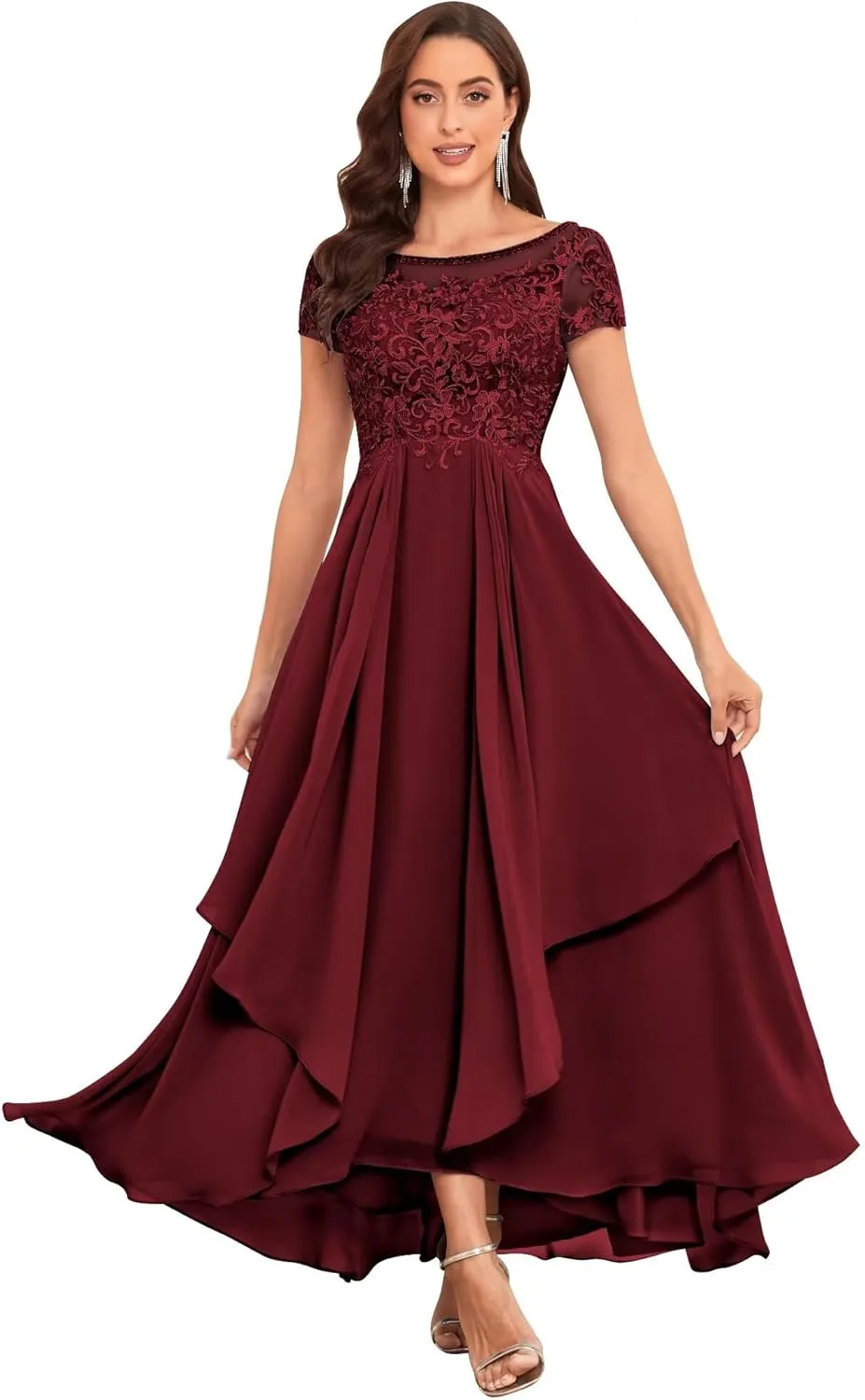 Lace Mother of The Bride Dresses for Wedding Short Sleeve Ruffle Chiffon Formal Evening Gown