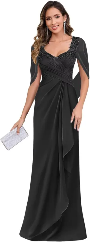 Lace Mother of The Bride Dresses with Cape Sleeves Chiffon Pleated Long Formal Evening Gown