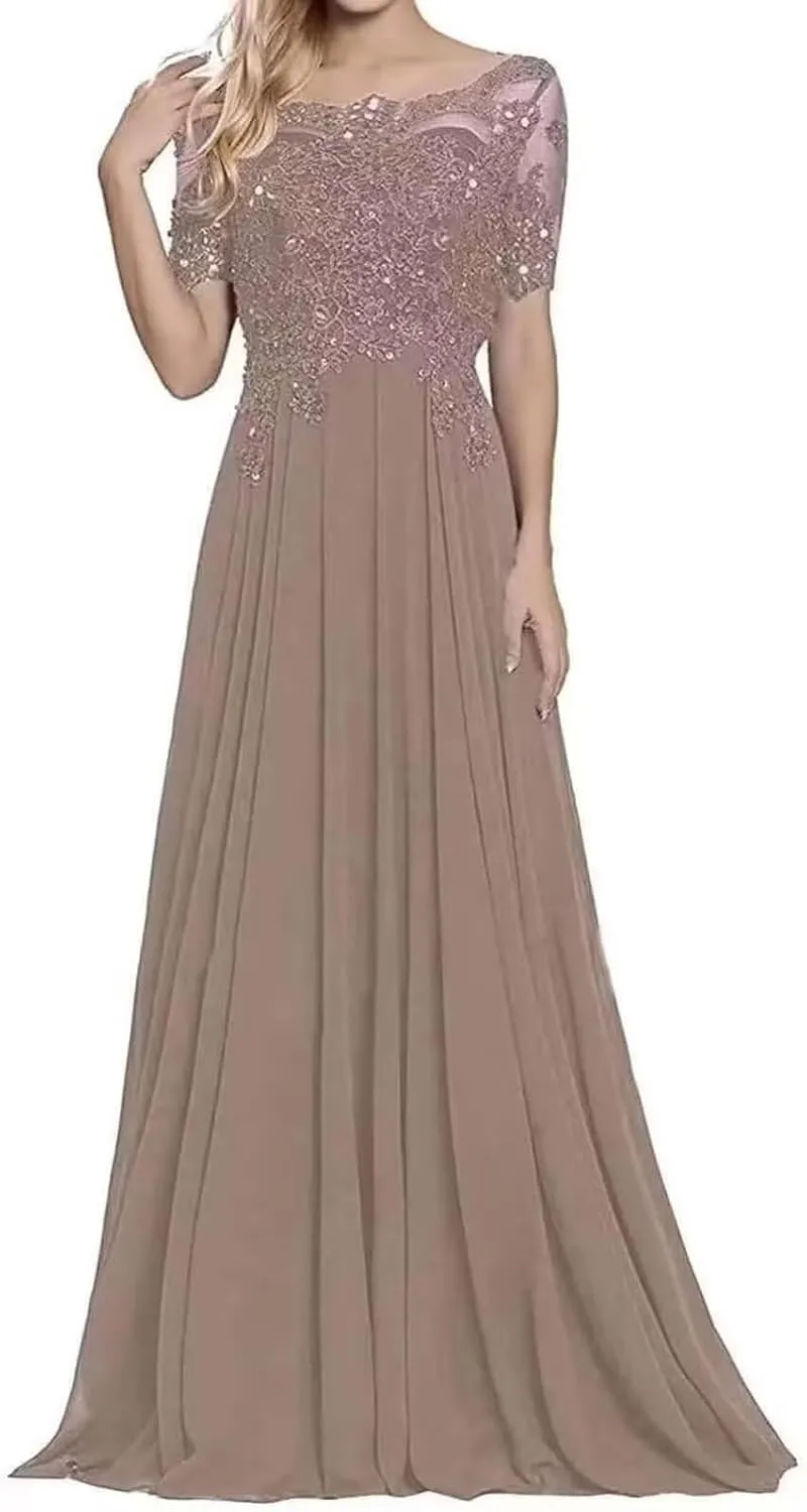 Laces Applique Mother of The Bride Dresses for Wedding Guest 3/4 Sleeves Chiffon Formal Dress and Evening Gowns for Women