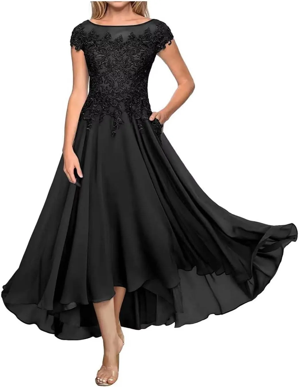 Laces Appliques Mother of The Bride Dresses Tea Length Chiffon Short Sleeve Wedding Guest Gowns with Pockets