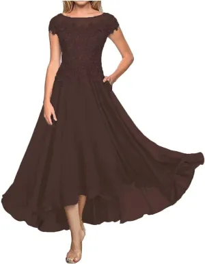 Laces Appliques Mother of The Bride Dresses Tea Length Chiffon Short Sleeve Wedding Guest Gowns with Pockets