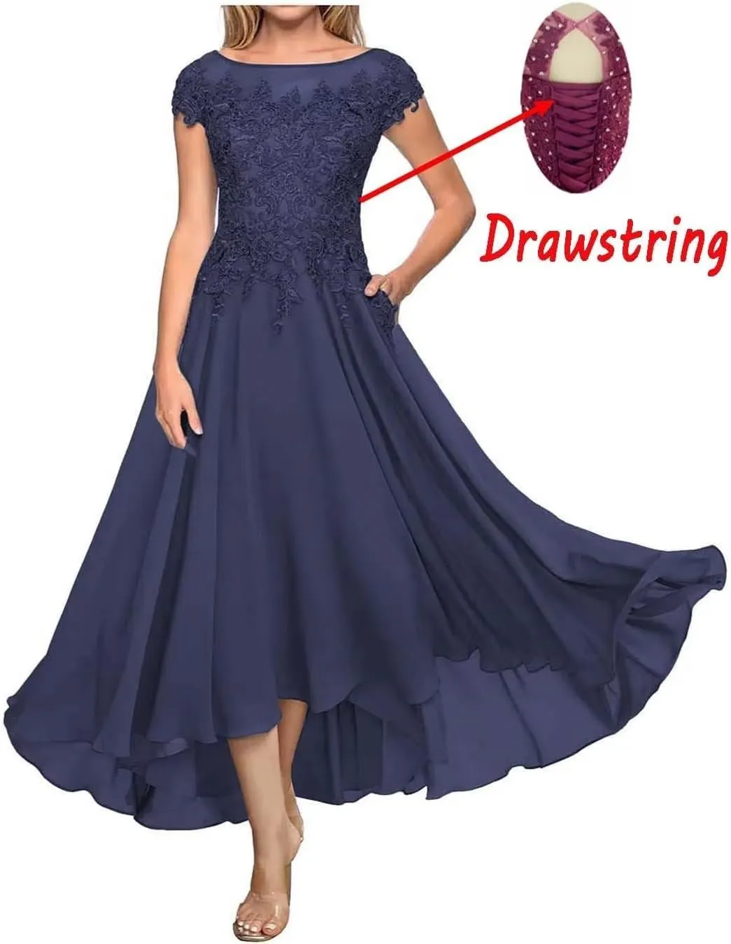 Laces Appliques Mother of The Bride Dresses Tea Length Chiffon Short Sleeve Wedding Guest Gowns with Pockets