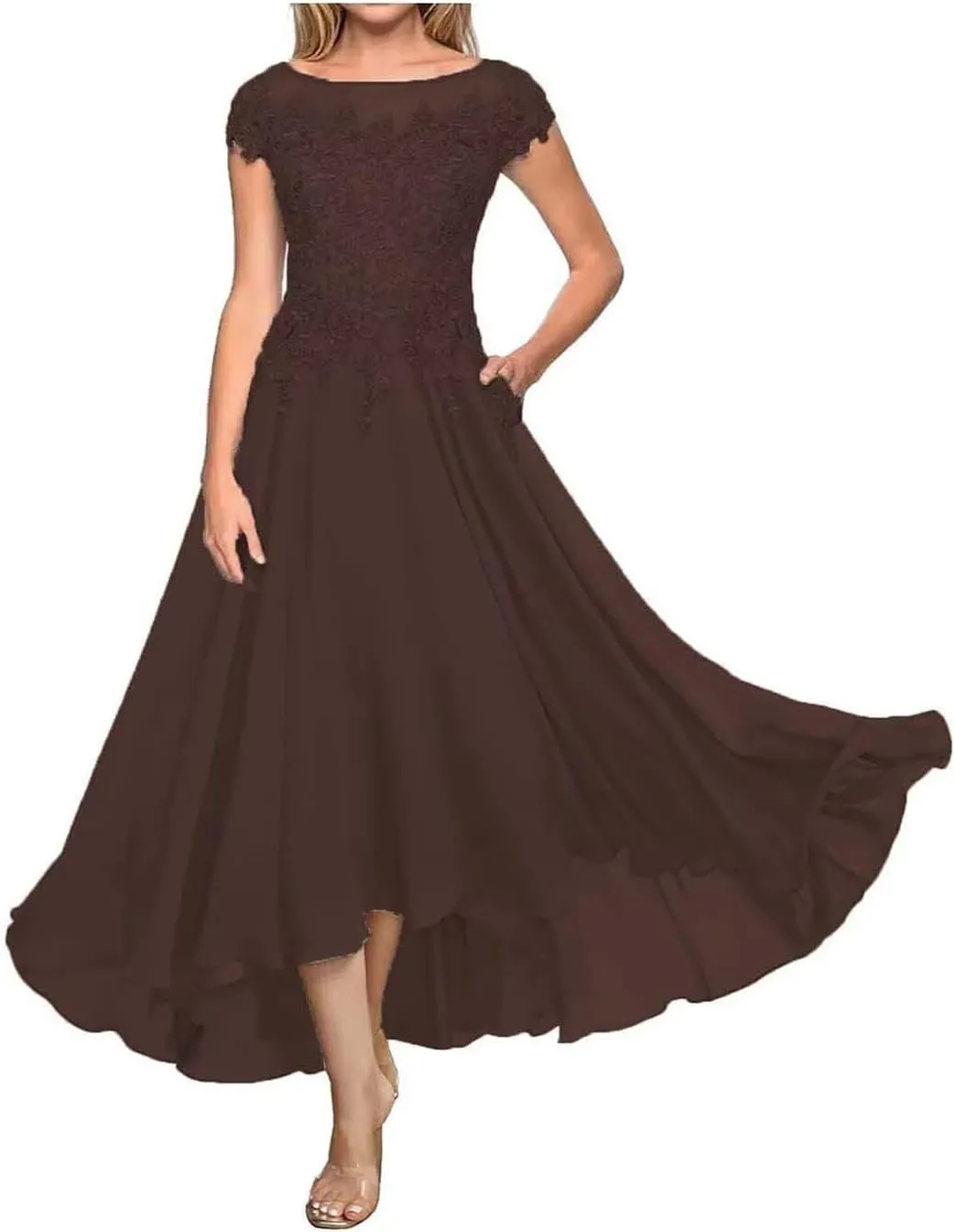 Laces Appliques Mother of The Bride Dresses Tea Length Chiffon Short Sleeve Wedding Guest Gowns with Pockets