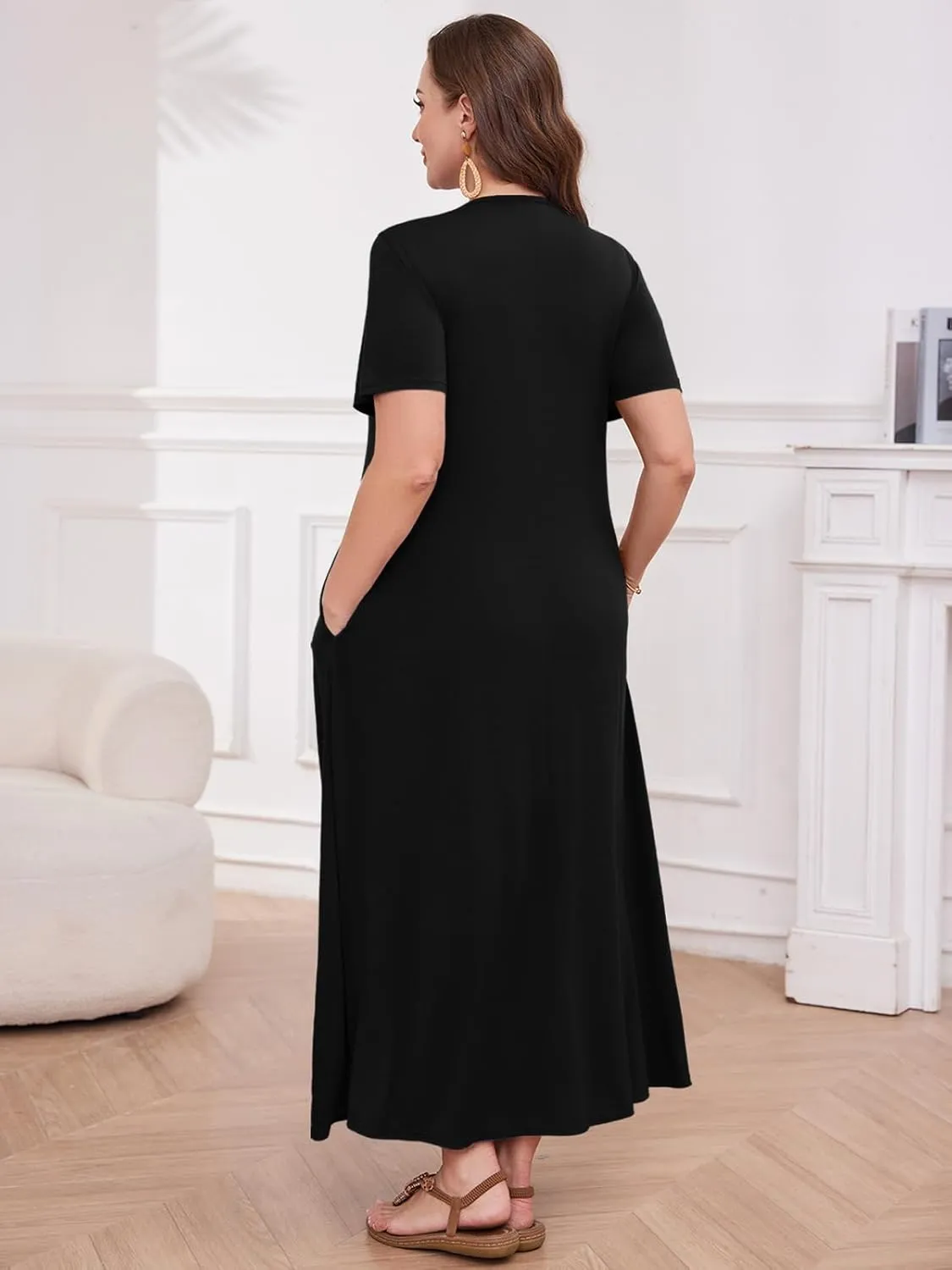 LARACE Womens Plus Size Short Sleeve Dresses Casual V Neck Button Up Pleated Flowy Long Maxi Dress with Pockets L-5XL