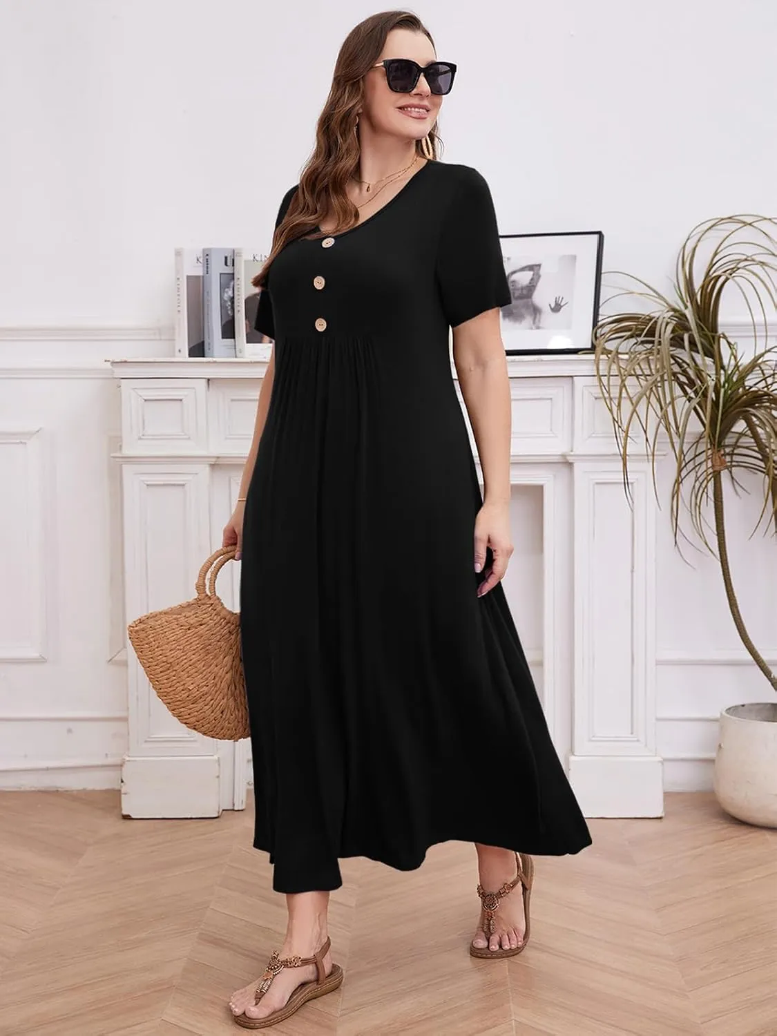 LARACE Womens Plus Size Short Sleeve Dresses Casual V Neck Button Up Pleated Flowy Long Maxi Dress with Pockets L-5XL