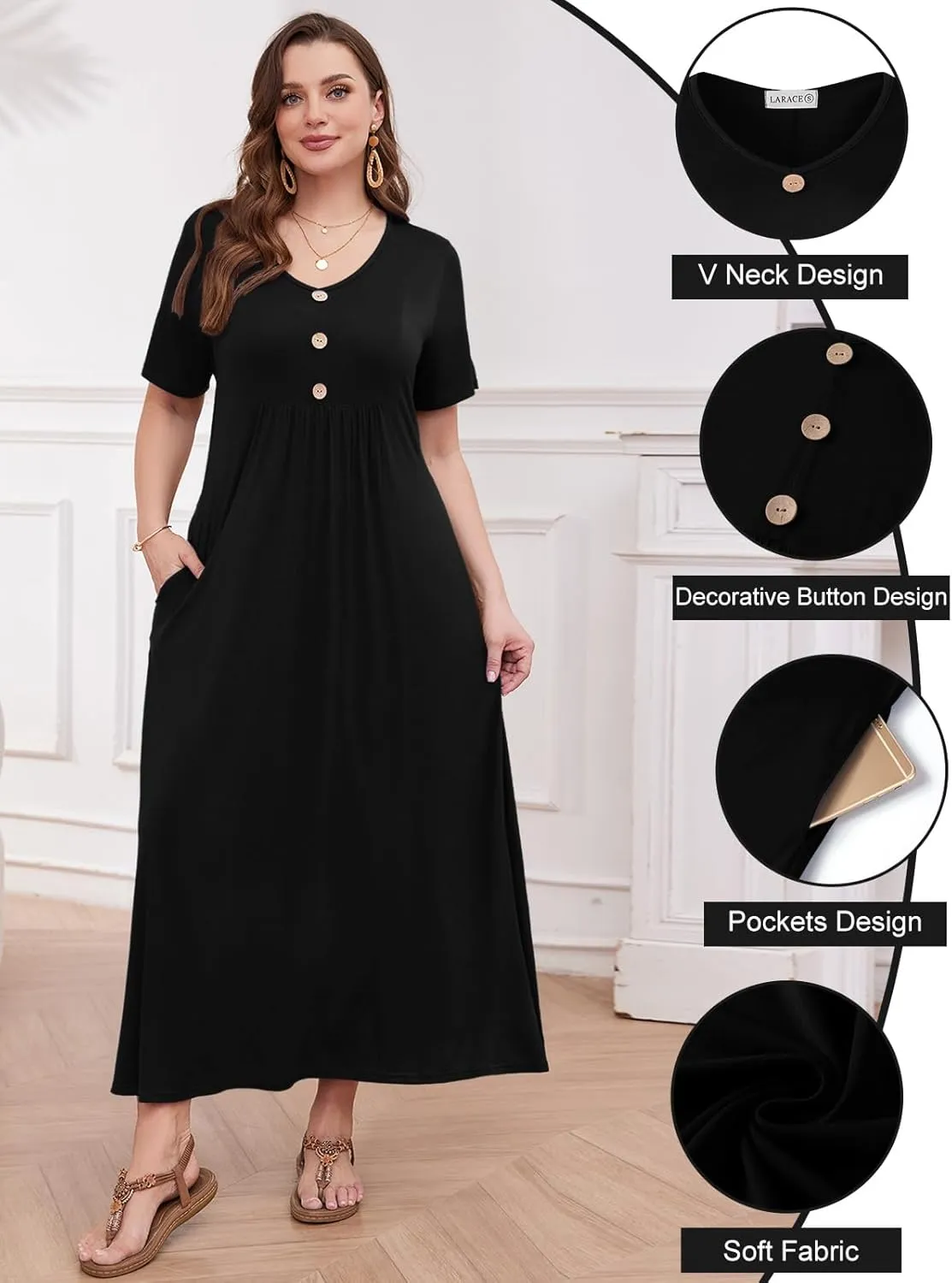 LARACE Womens Plus Size Short Sleeve Dresses Casual V Neck Button Up Pleated Flowy Long Maxi Dress with Pockets L-5XL